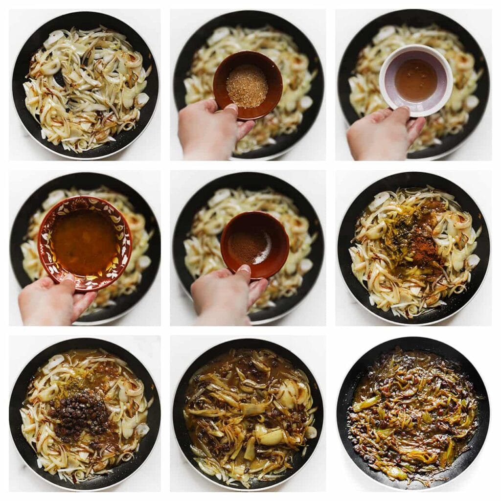 Pel en snijd de gele uien in halve ringen. Verhit een koekenpan op middelhoog vuur en voeg de gele ui toe. Bak totdat de randen goudbruin kleuren. Voeg rietsuiker, honing, kipjus, kaneelpoeder, zout en rozijnen toe. Meng goed en laat 15-20 minuten koken.