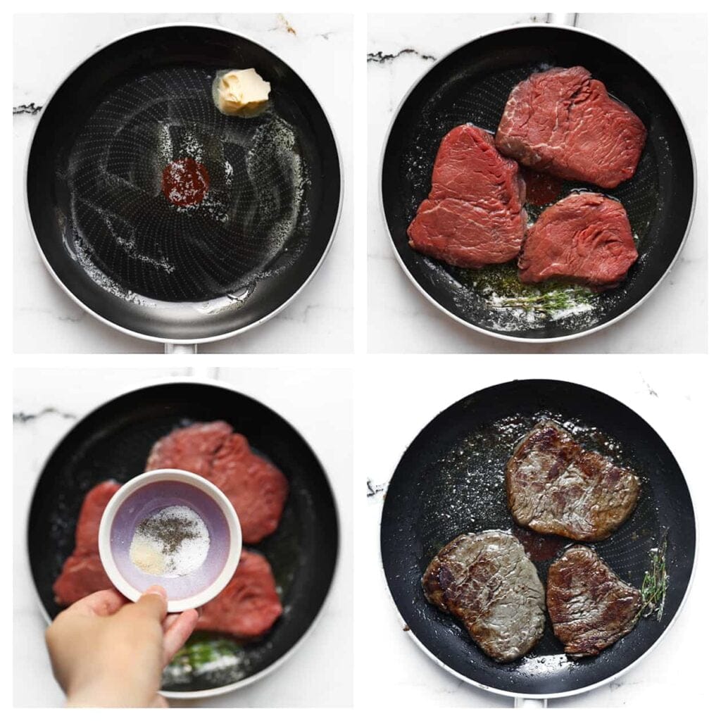 Verhit 40 gram roomboter in een koekenpan op middelhoog vuur. Kruid de biefstuk met tijm, zout en zwarte peper. Bak de biefstuk ongeveer 2-3 minuten per kant voor medium-rare. Voor een doorbakken biefstuk, bak je hem wat langer. Draai de biefstuk slechts één keer om, zodat er een mooie korst ontstaat.Verhit 40 gram roomboter in een koekenpan op middelhoog vuur. Kruid de biefstuk met tijm, zout en zwarte peper. Bak de biefstuk ongeveer 2-3 minuten per kant voor medium-rare. Voor een doorbakken biefstuk, bak je hem wat langer. Draai de biefstuk slechts één keer om, zodat er een mooie korst ontstaat.