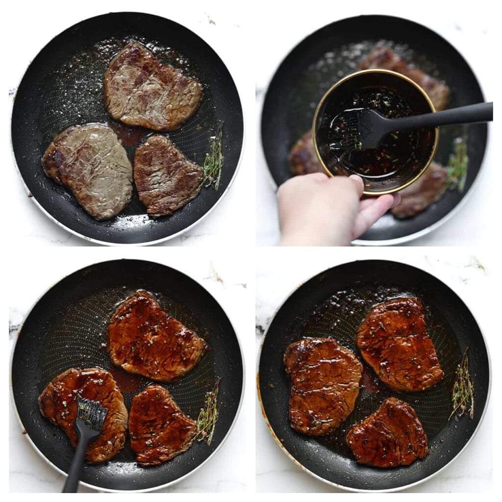 Meng in een kom de ketjap manis, sambal, honing en sojasaus tot een gladde saus. Smeer de gebakken biefstuk in met deze sticky saus.