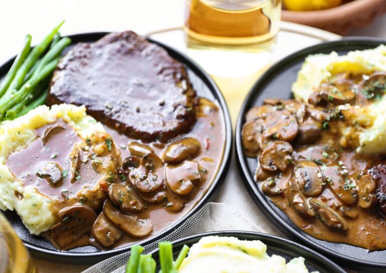 Beefsteak With Mushroom Sauce And Mashed Potatoes