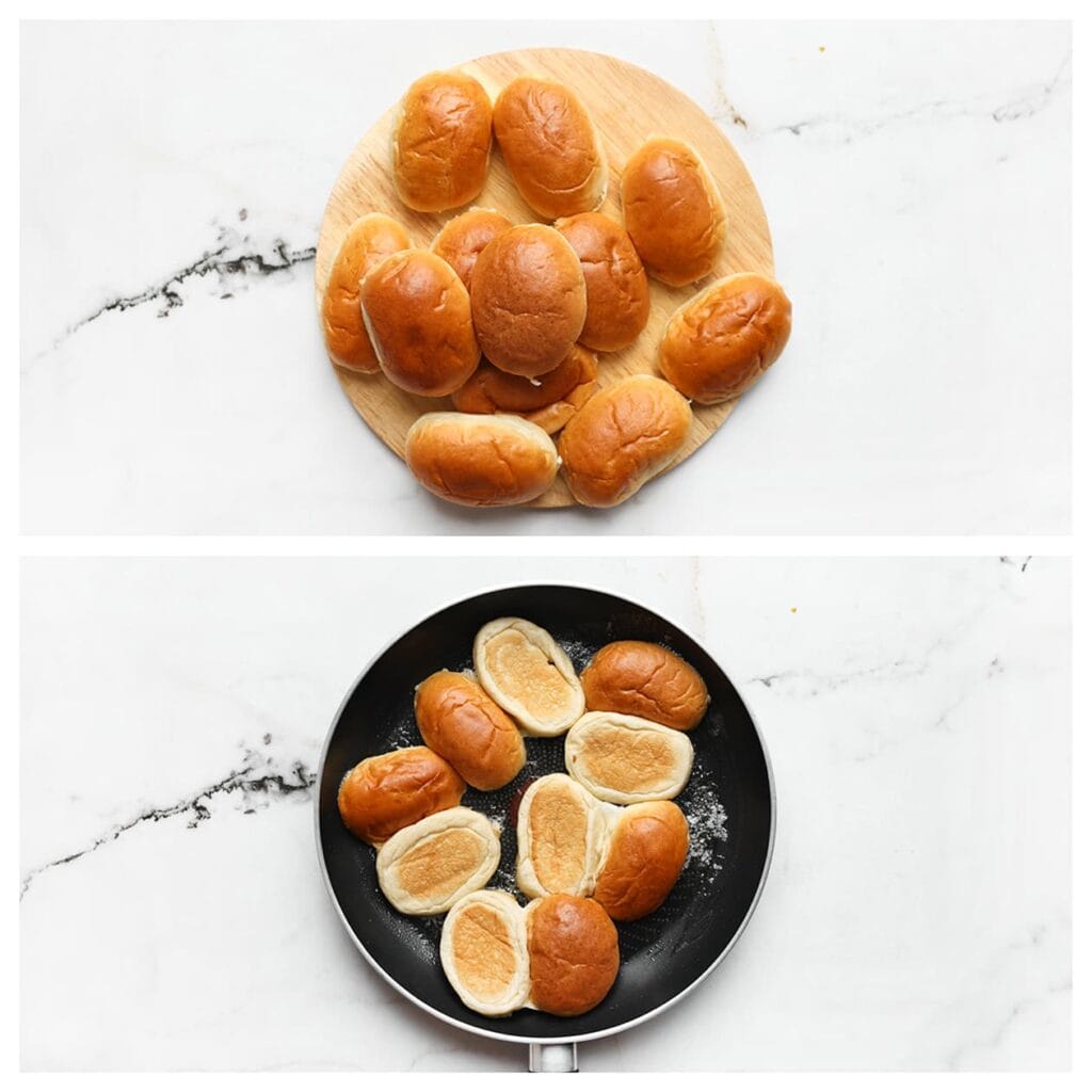 Snijd de broodjes doormidden. Verhit de roomboter in een koekenpan op laag tot middelhoog vuur. Bak de broodjes met de binnenkant naar beneden tot ze goudbruin zijn en de randen knapperig zijn.