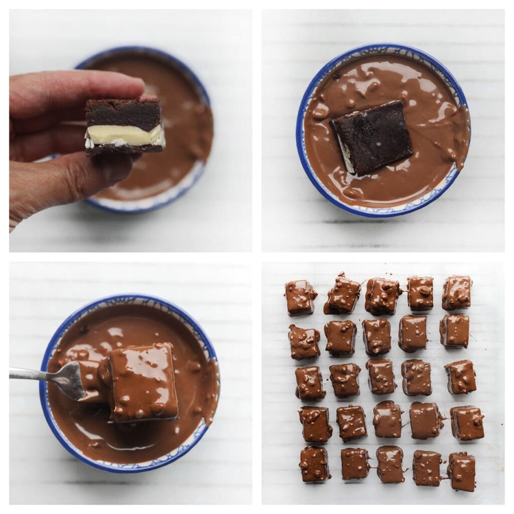 Doop de brownies in het chocolademengsel en leg ze op een vel bakpapier. Laat de chocolade uitharden.