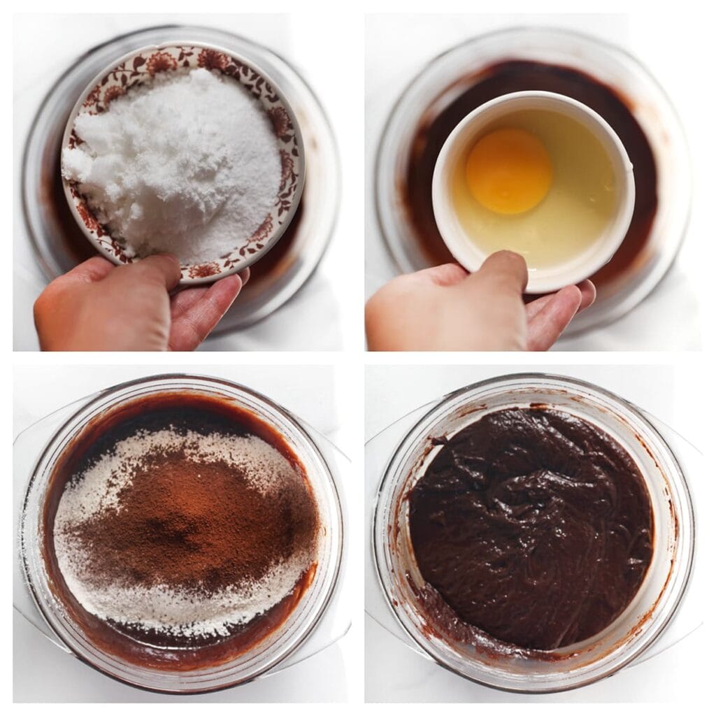 Voeg de witte basterdsuiker, vanillesuiker en het zout toe aan de gesmolten chocolade. Meng goed door elkaar. Voeg vervolgens de eieren één voor één toe en mix telkens tot een glad geheel. Zeef de bloem en cacaopoeder boven de kom en meng het voorzichtig door het chocolademengsel tot een mooi beslag.