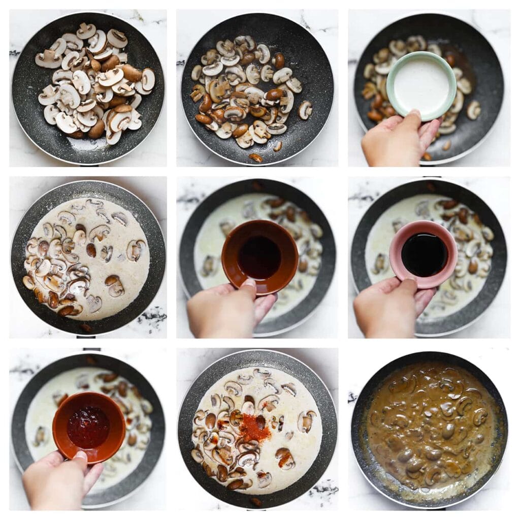 Gebruik dezelfde koekenpan en smelt er opnieuw roomboter in op middelhoog vuur. Voeg de gesneden champignons toe en bak ze 5-7 minuten, totdat ze goudbruin zijn. Giet de ongeklopte slagroom erbij en roer goed door. Voeg vervolgens de sojasaus, ketjap manis, sambal oelek en cayennepeper toe. Zet het vuur hoger en roer tot de saus is ingedikt, ongeveer 4-5 minuten.