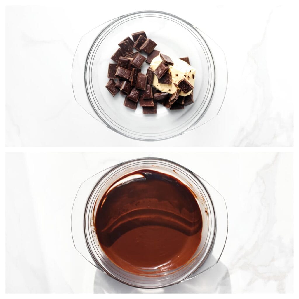 Smelt de roomboter samen met de pure chocolade au bain-marie. Laat het mengsel iets afkoelen.