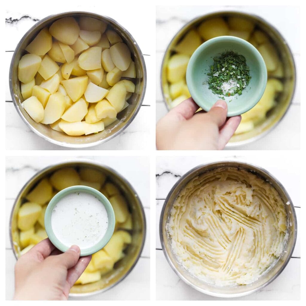 Voeg zout, zwarte peper, saladekruiden, roomboter en melk toe aan de aardappels. Prak of stamp de aardappels tot een gladde puree.