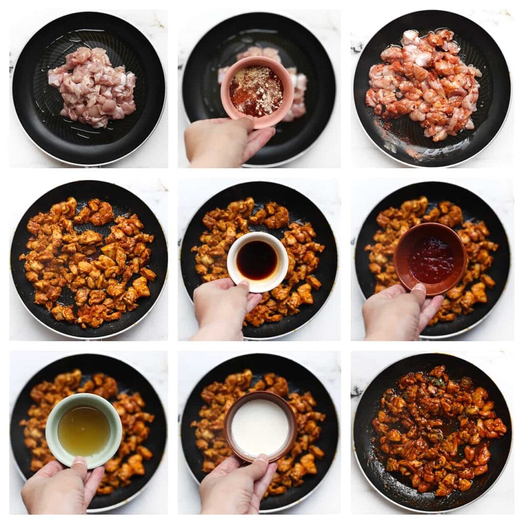 Verhit de olijfolie in een koekenpan op middelhoog vuur. Voeg de kippendijen, uienpoeder, knoflookpoeder, cayennepeper, paprikapoeder en ras el hanout toe. Roer goed door en bak de kippendijen 4-5 minuten. Voeg vervolgens de sojasaus, sambal oelek en honing toe, en meng alles goed door elkaar. Giet de ongeklopte slagroom erbij en zet het vuur hoger. Laat het geheel 5-7 minuten koken, of tot de saus is ingedikt. Blijf ondertussen roeren.