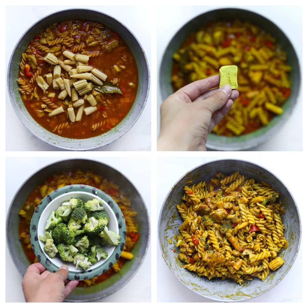 Voeg daarna de babymaïs en broccoli toe, en verkruimel het kippenbouillonblokje boven de pan. Kook het geheel nog 10-12 minuten, of tot de pasta gaar is.