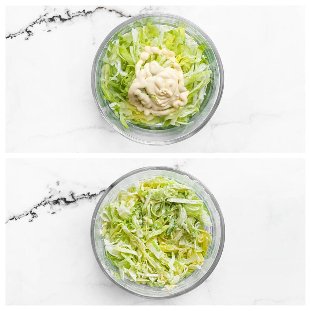 Snijd de ijsbergsla in de gewenste grootte en meng met de mayonaise.