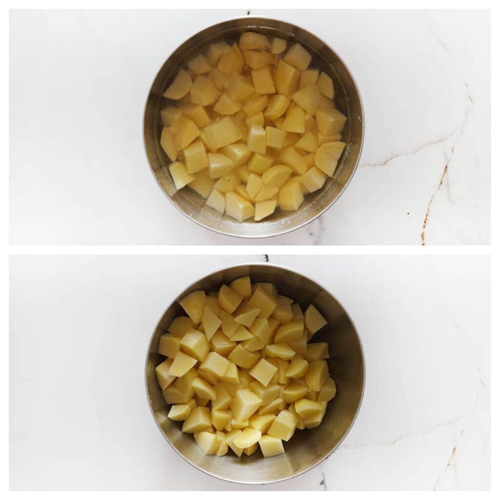 Schil de aardappels en snijd ze in blokjes. Doe de blokjes in een diepe kom met water en laat ze even weken. Giet vervolgens het water af.