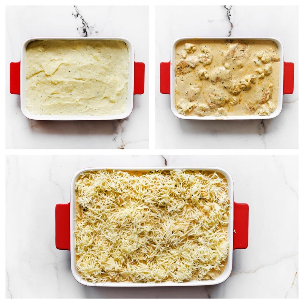 Verdeel het aardappel-bloemkoolmengsel gelijkmatig over de bodem van een ovenschaal. Schep het kipmengsel eroverheen en strooi de geraspte kaas erover.