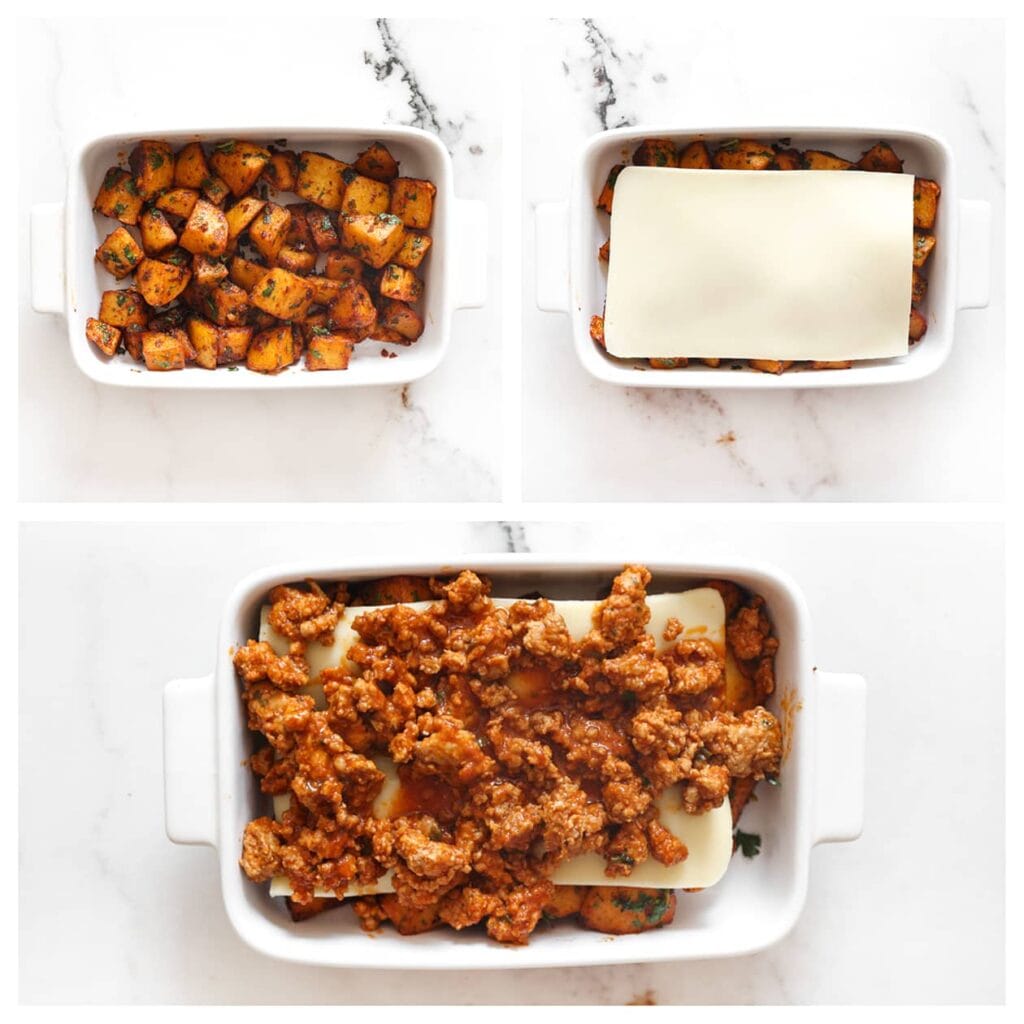 Verdeel een laagje van de gebakken aardappelblokjes over een ovenschaal. Leg er een plakje kaas op en schep daarover het gehaktmengsel. Zet de batata harra met gehakt in een voorverwarmde oven op 200 °C. Bak 8-10 minuten.