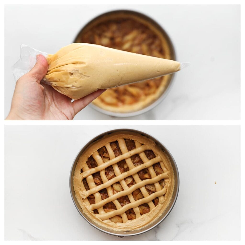 Spuit de rest van het cakebeslag in lange stroken over het appelmengsel en maak een kruislings ruitpatroon. Zet de appeltaart in een voorverwarmde oven op 175°C. Bak de taart 45-55 minuten, maar houd de baktijd goed in de gaten, aangezien elke oven anders werkt. Laat de taart volledig afkoelen voor je hem aansnijdt, zodat de vulling kan opstijven.