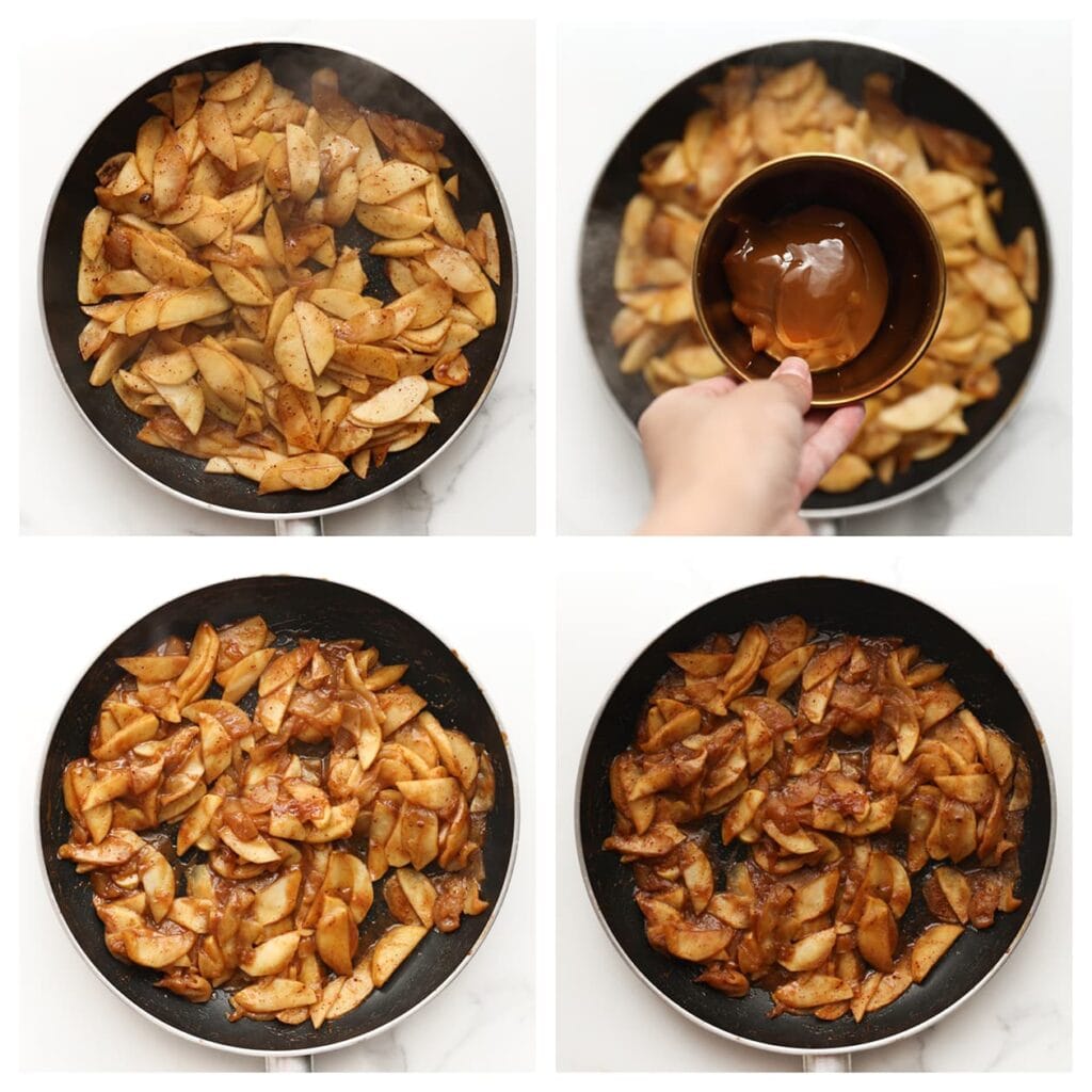 Verhit een koekenpan op middelhoog vuur. Voeg de appelplakjes en de karamel toe, en bak 5-7 minuten of totdat de appels zacht zijn en licht gekarameliseerd. Laat het mengsel afkoelen