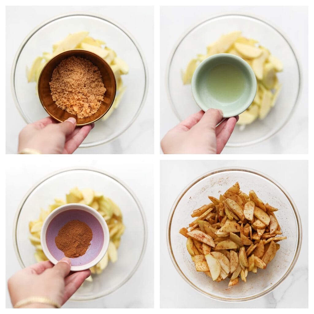 Meng de appelplakjes met de bruine basterdsuiker, vanillesuiker en het citroensap.