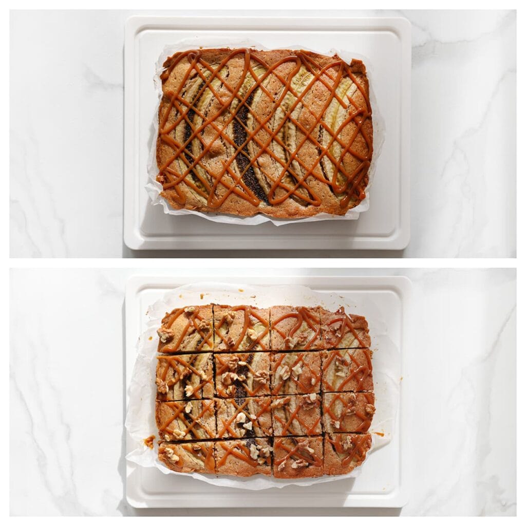 Garneer de afgekoelde bananencake met dunne lijntjes karamel en gehakte walnoten. Snijd de cake in gelijke stukken.