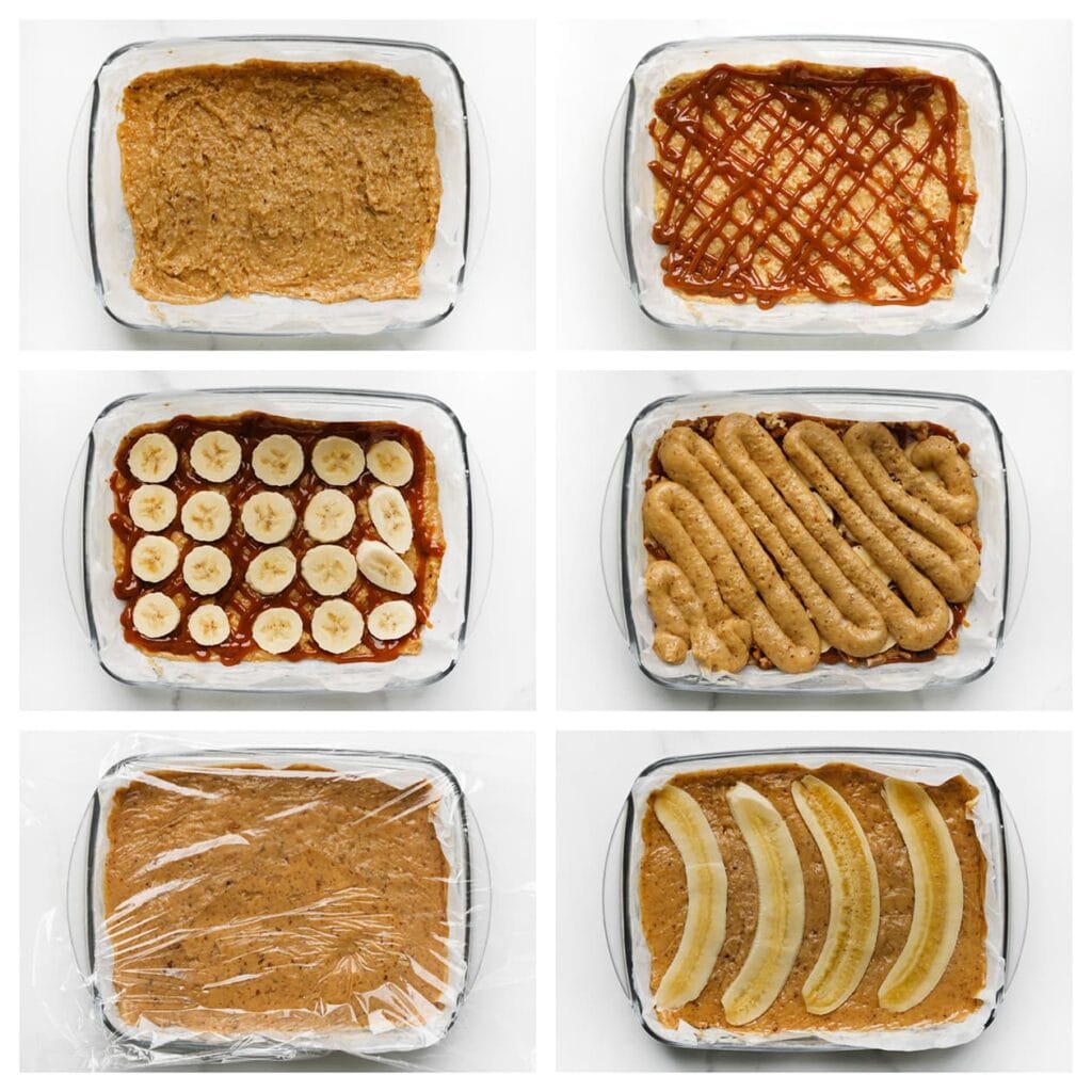 Verdeel de helft van het cakebeslag over een ingevette bakvorm, bekleed met bakpapier. Spuit een laag karamel over het beslag. Verdeel plakjes banaan en grof-gehakte walnoten over de karamel. Verdeel de rest van het cakebeslag gelijkmatig over de vulling. Gebruik eventueel huishoudfolie om het glad te strijken. Leg langwerpige plakjes banaan bovenop als topping.