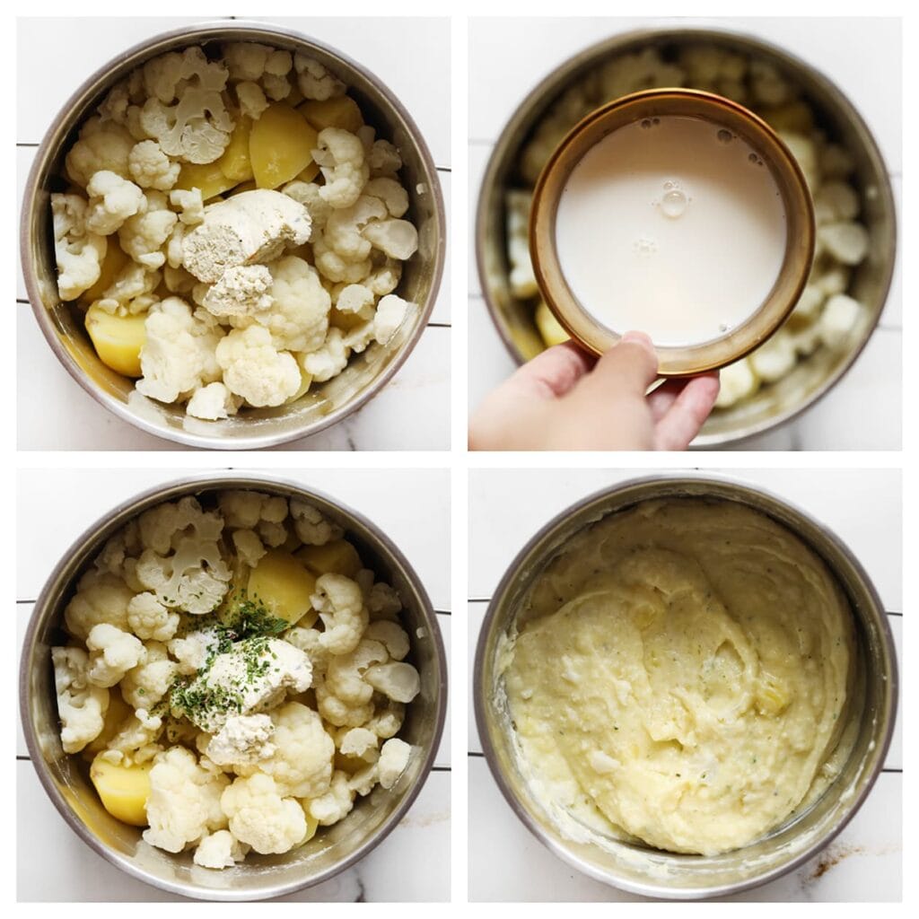 Voeg aan de aardappelen en bloemkool de kruidenroomkaas, melk, gedroogde peterselie, zwarte peper en zout toe. Stamp het geheel tot een smeuïg mengsel.