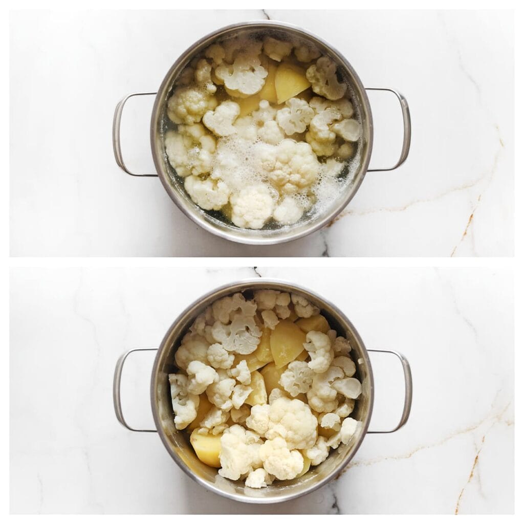Kook de aardappelen en bloemkool in 15-20 minuten beetgaar. Giet af.