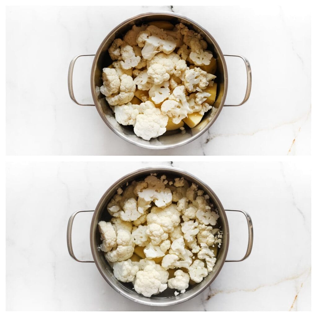 Schil de aardappelen en was de bloemkool. Snijd beide in grove stukken. Doe deze in een pan in ruim water met een snuf zout. 