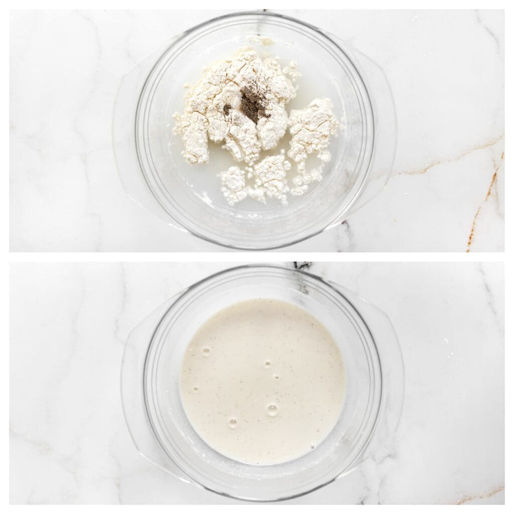 Meng in een aparte kom de bloem, het zout en water tot een glad beslag.