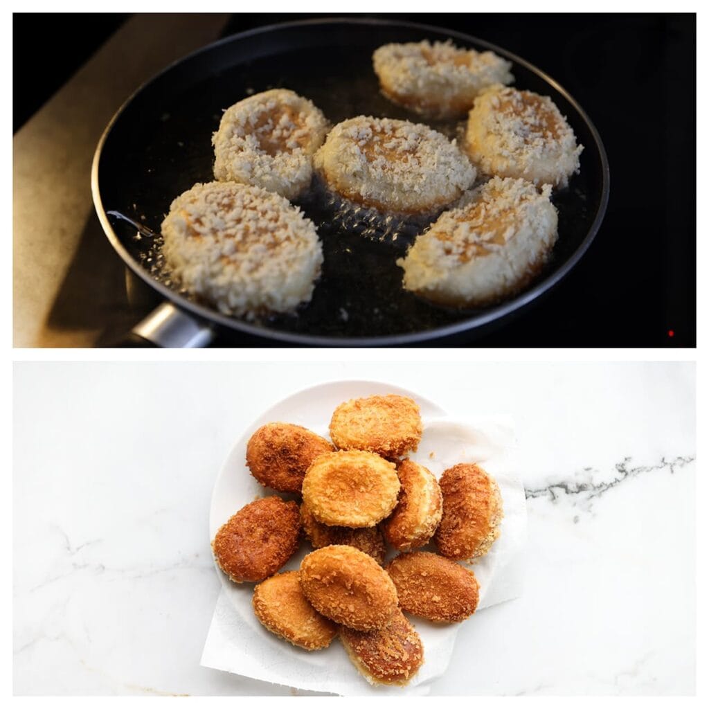 Bak daarna de broodjes tot ze mooi goudbruin zijn en laat ook deze uitlekken op keukenpapier.