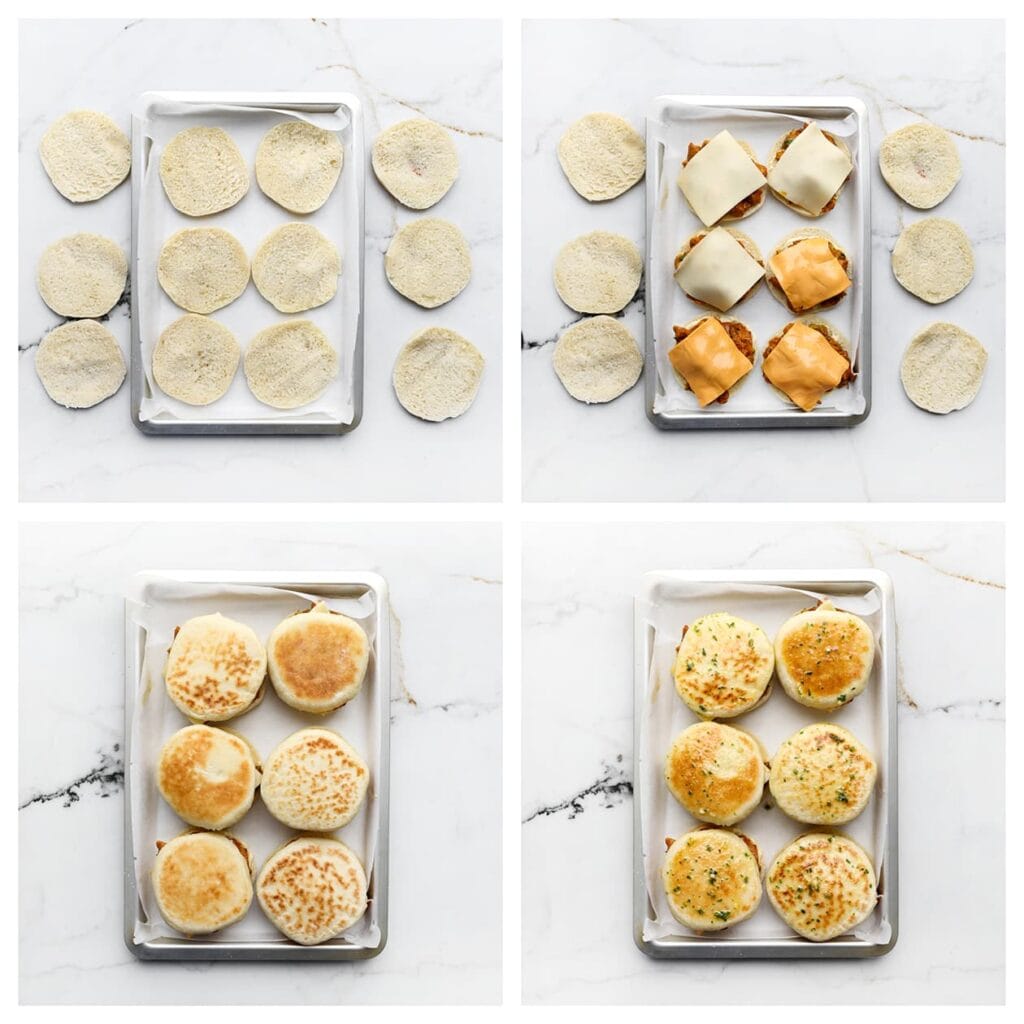 Snijd de broodjes doormidden en leg ze op een met bakpapier beklede bakplaat. Vul de broodjes met het kipmengsel en, indien gewenst, een plakje kaas. Leg de bovenkant van de broodjes erop en bestrijk ze met het roombotermengsel.