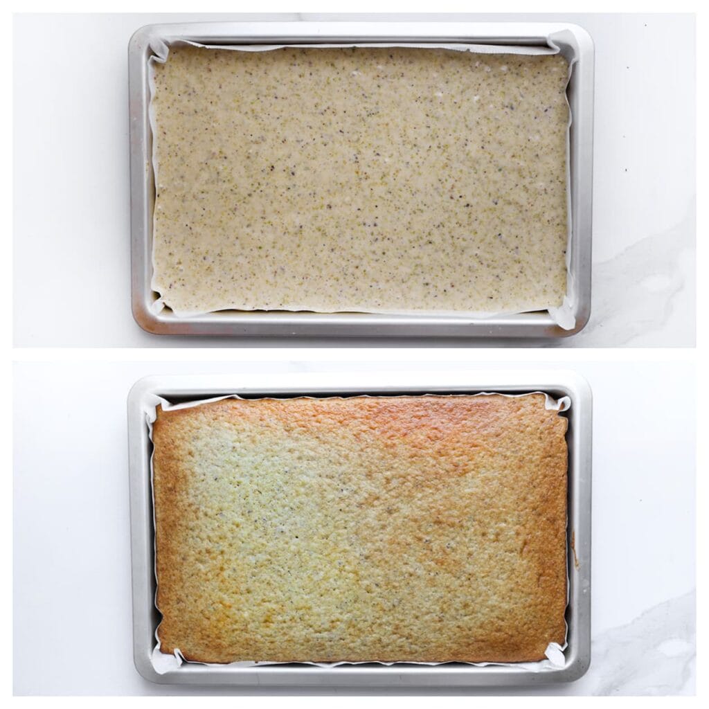 Giet het beslag in een ingevette bakvorm bekleed met bakpapier. Plaats de cake in een voorverwarmde oven op 175 °C en bak deze in 20-25 minuten gaar. Controleer regelmatig, aangezien de baktijd per oven kan variëren. Laat de cake vervolgens afkoelen.