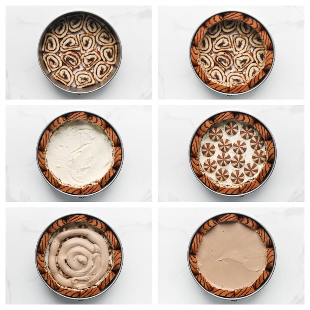 Bedek de bodem van een bakvorm met plakjes rolcake en bekleed ook de zijkanten van de bakvorm met staande plakjes.
Spuit een laag van de gewone room over de cake en strijk deze glad. Verdeel de swirl cookies over de room en spuit vervolgens de chocoladeroom erover. Strijk weer glad.