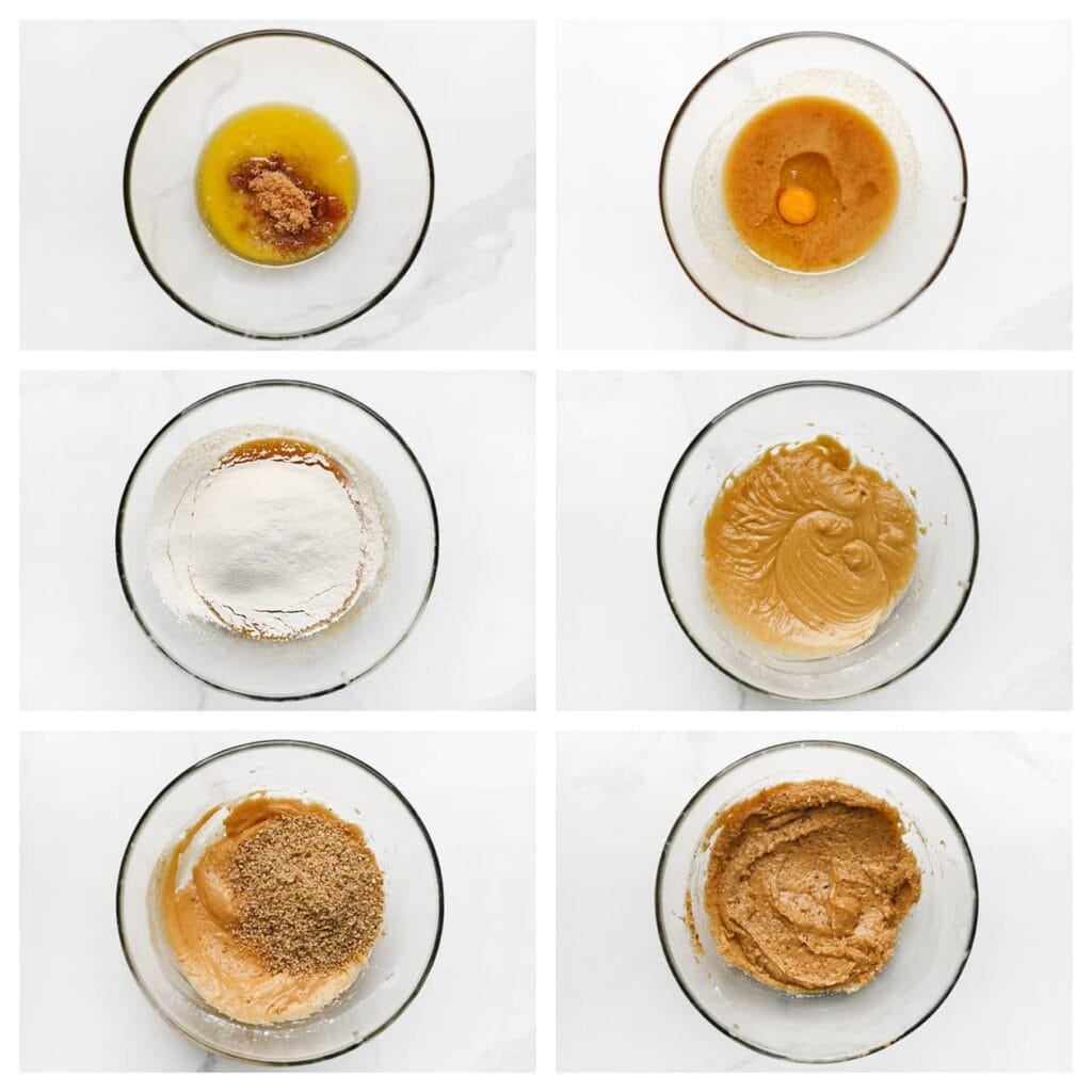 Doe de gesmolten roomboter, bruine basterdsuiker en vanillesuiker in een diepe kom. Mix tot een glad geheel. Voeg de eieren één voor één toe en mix na elk ei goed door. Zeef de bloem en het bakpoeder boven de kom en mix tot een glad beslag. Spatel de fijngemalen walnoten door het beslag.