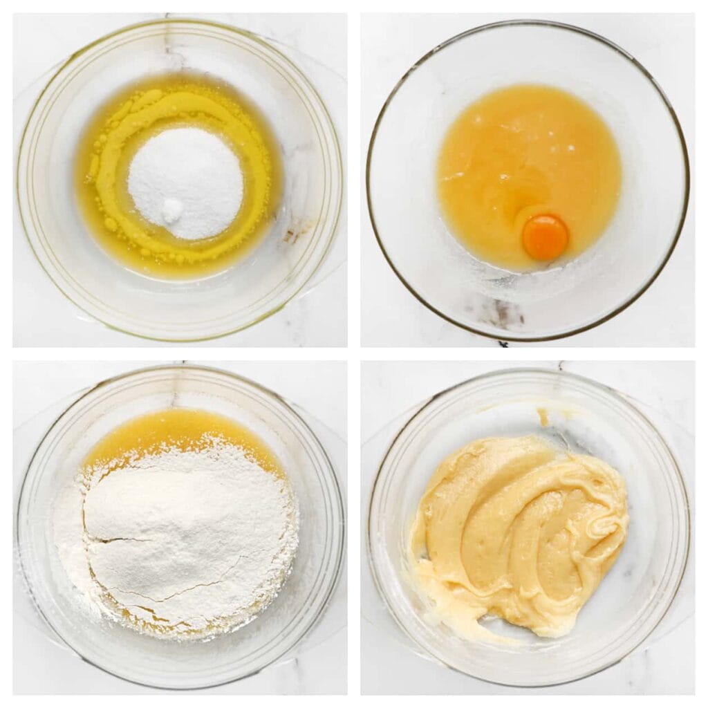 Smelt de roomboter (70 g) en mix deze met de kristalsuiker, vanillesuiker en zout voor 1 minuut. Voeg het ei toe en mix goed. Zeef de bloem en bakpoeder erbij en meng tot een glad beslag. Doe het beslag in een spuitzak.