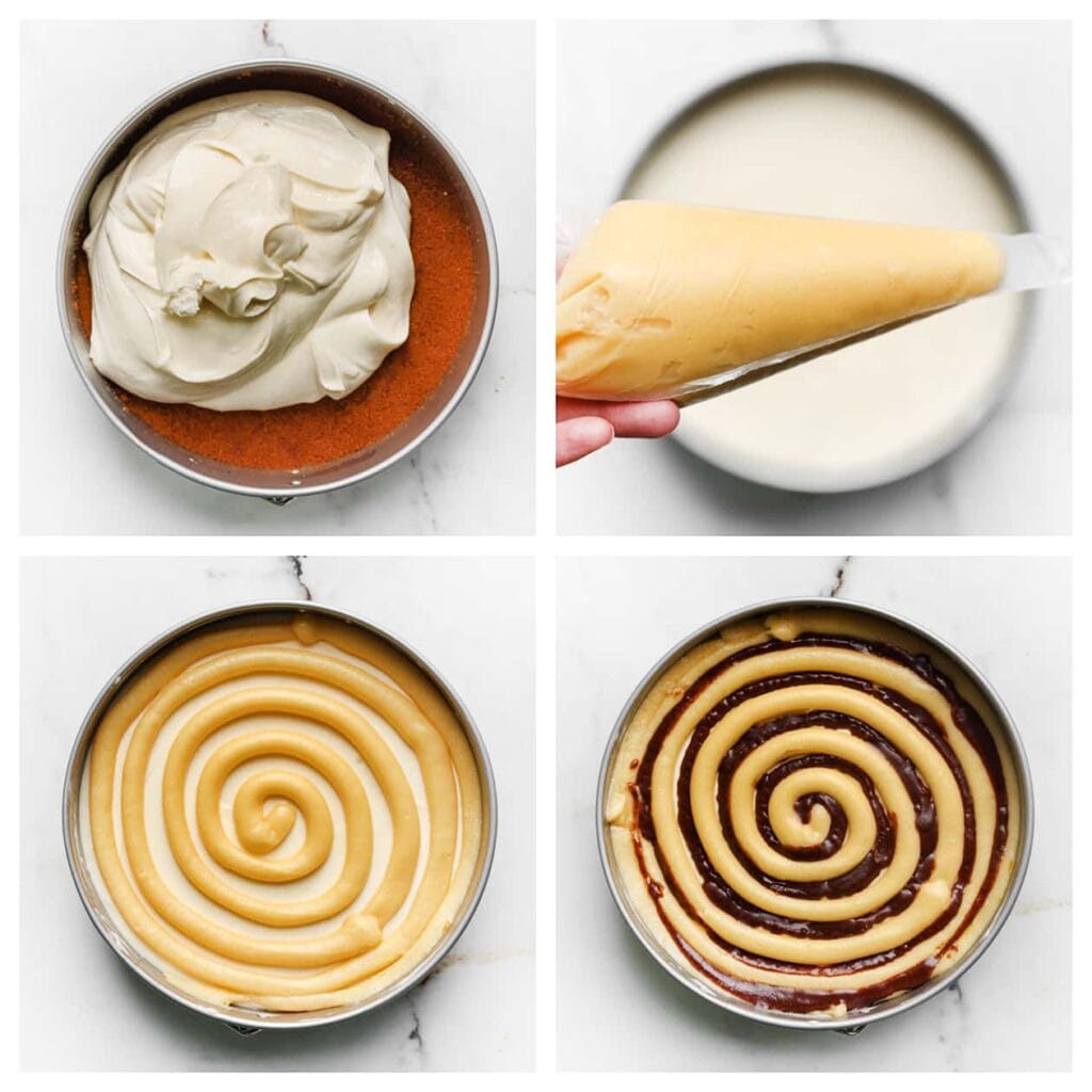 Haal de bakvorm uit de koelkast. Giet het cheesecakebeslag over de koekbodem en strijk glad. Spuit het cakebeslag in een swirlpatroon op de cheesecake. Spuit het kaneelmengsel tussen de swirls.