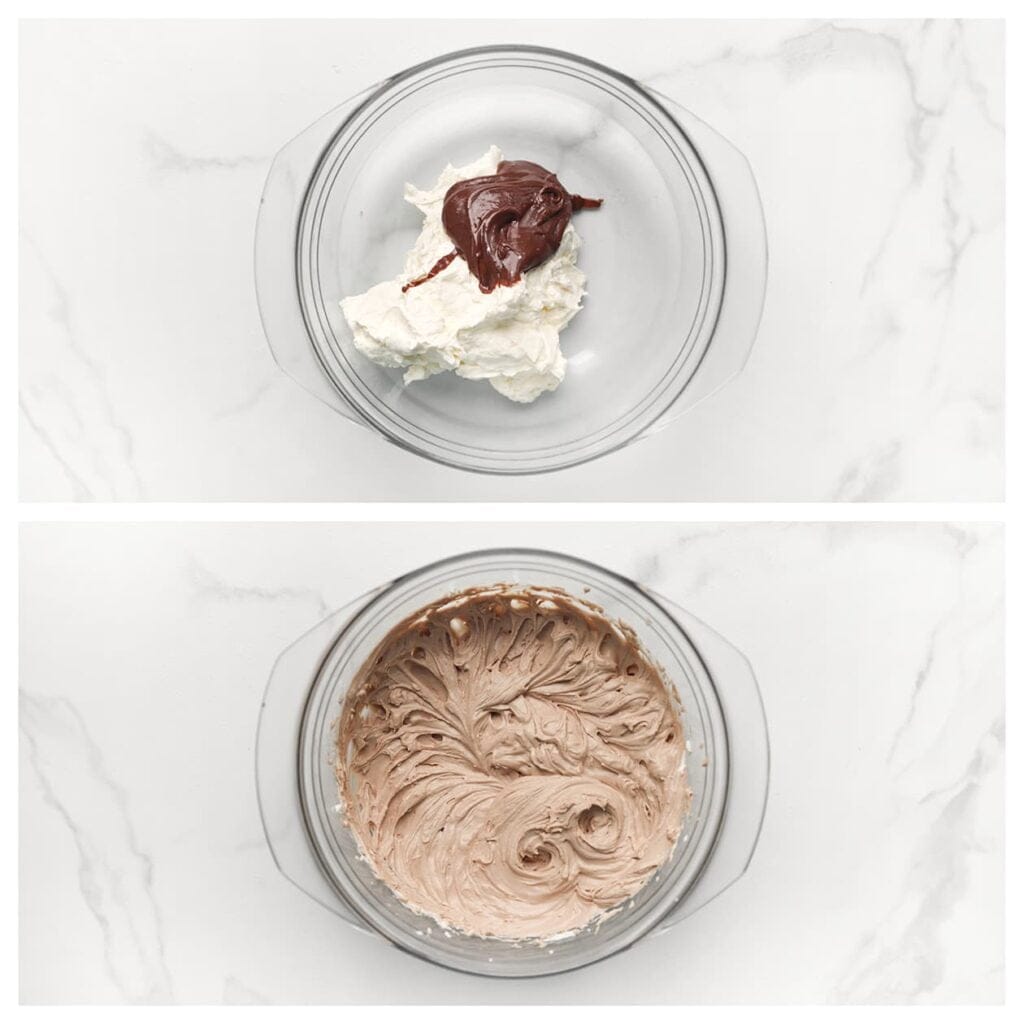 Verdeel de room in twee delen. Voeg aan één deel de afgekoelde ganache toe en mix tot een glad geheel.