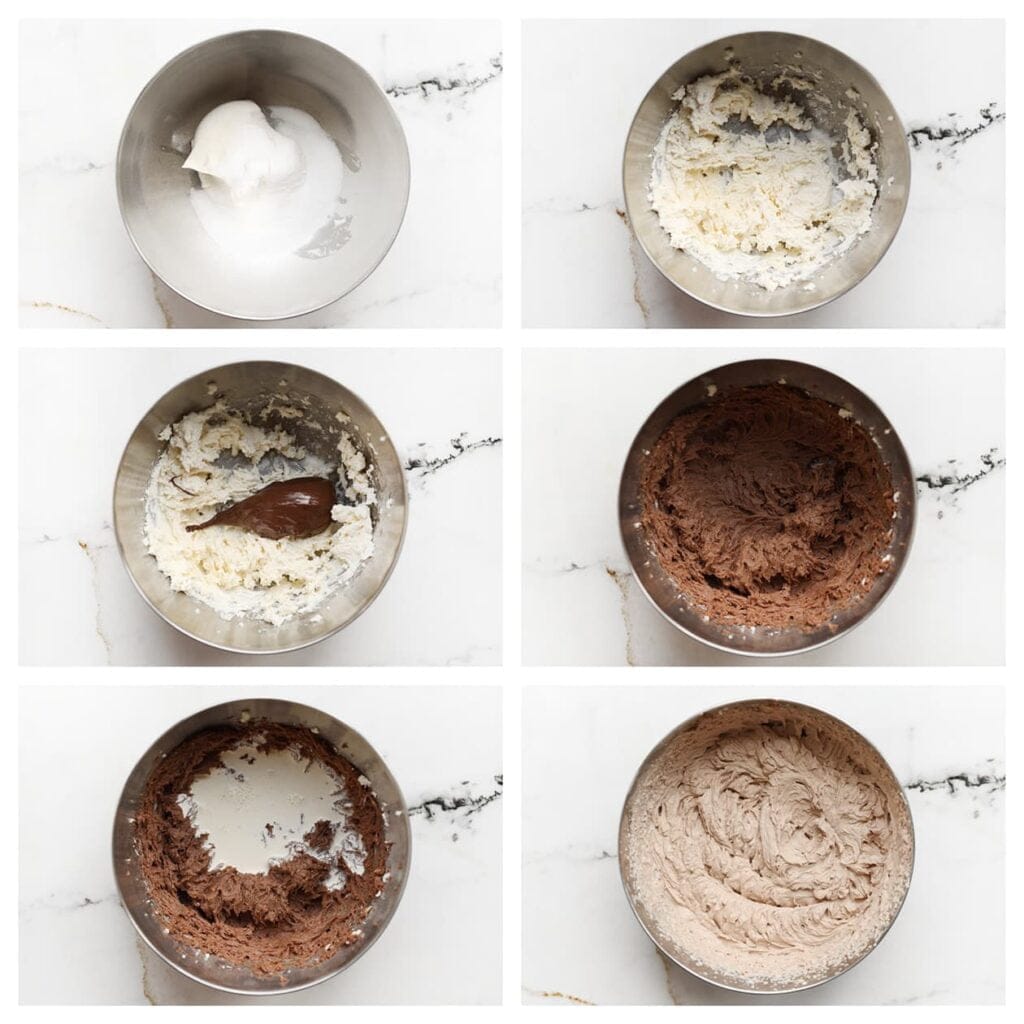 Doe de mascarpone, suiker, vanillesuiker en klopfix in een diepe kom. Mix het geheel gedurende 1 minuut. Voeg de hazelnootpasta toe en mix verder totdat alles goed is vermengd. Voeg vervolgens beetje bij beetje de ongeklopte slagroom toe, en mix totdat het mengsel stevig is. Zet dit apart.