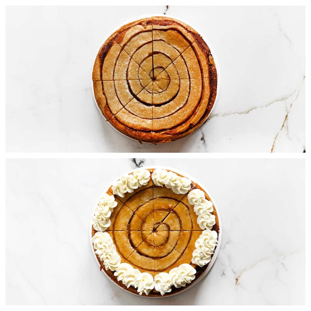 Snijd de cheesecake in stukken en garneer met toefjes slagroom. Bestuif eventueel met kaneelpoeder.