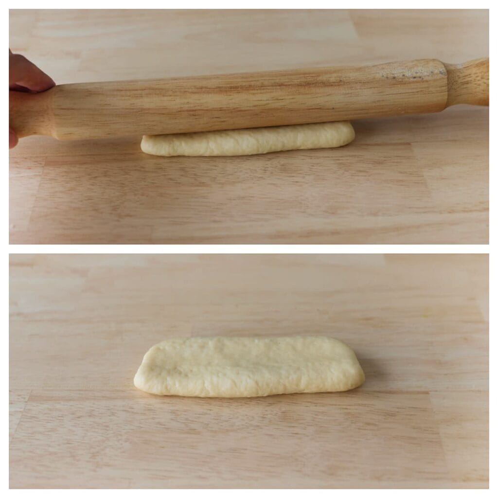 Rol het deeg iets uit met een deegroller en leg het vervolgens op een met bakpapier beklede bakplaat.