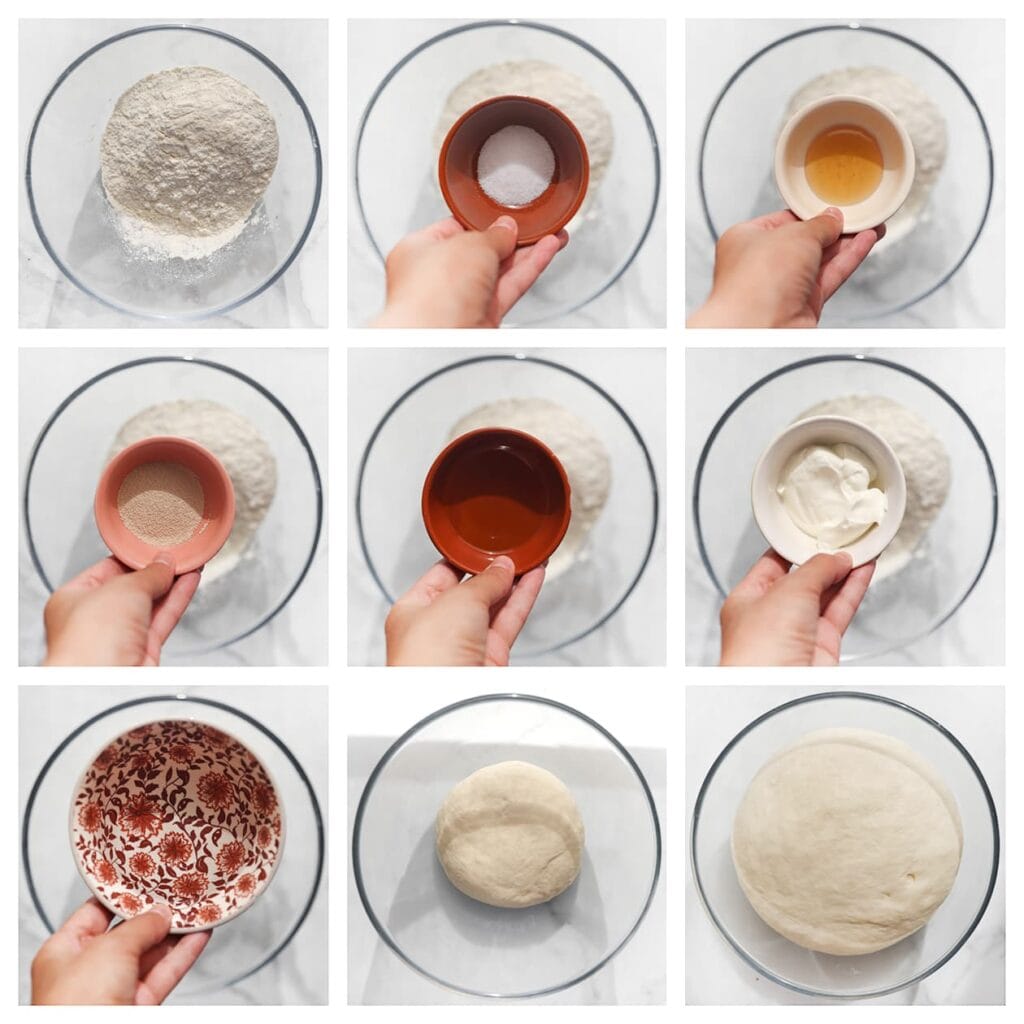 Doe de bloem, het zout, de honing, de gist, de zonnebloemolie, de yoghurt en het lauwwarme water in een grote kom. Meng alles goed door elkaar en kneed het deeg 10-12 minuten tot het soepel en elastisch is. Dek de kom af en laat het deeg 1 uur rijzen op een warme plek, of tot het in volume verdubbeld is.