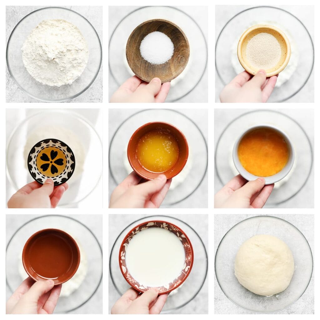 Doe de bloem, zout, gist, honing, gesmolten roomboter, geklutst ei, zonnebloemolie en lauwwarme melk in een diepe kom. Meng goed en kneed het deeg 10-12 minuten, tot het soepel en elastisch is.