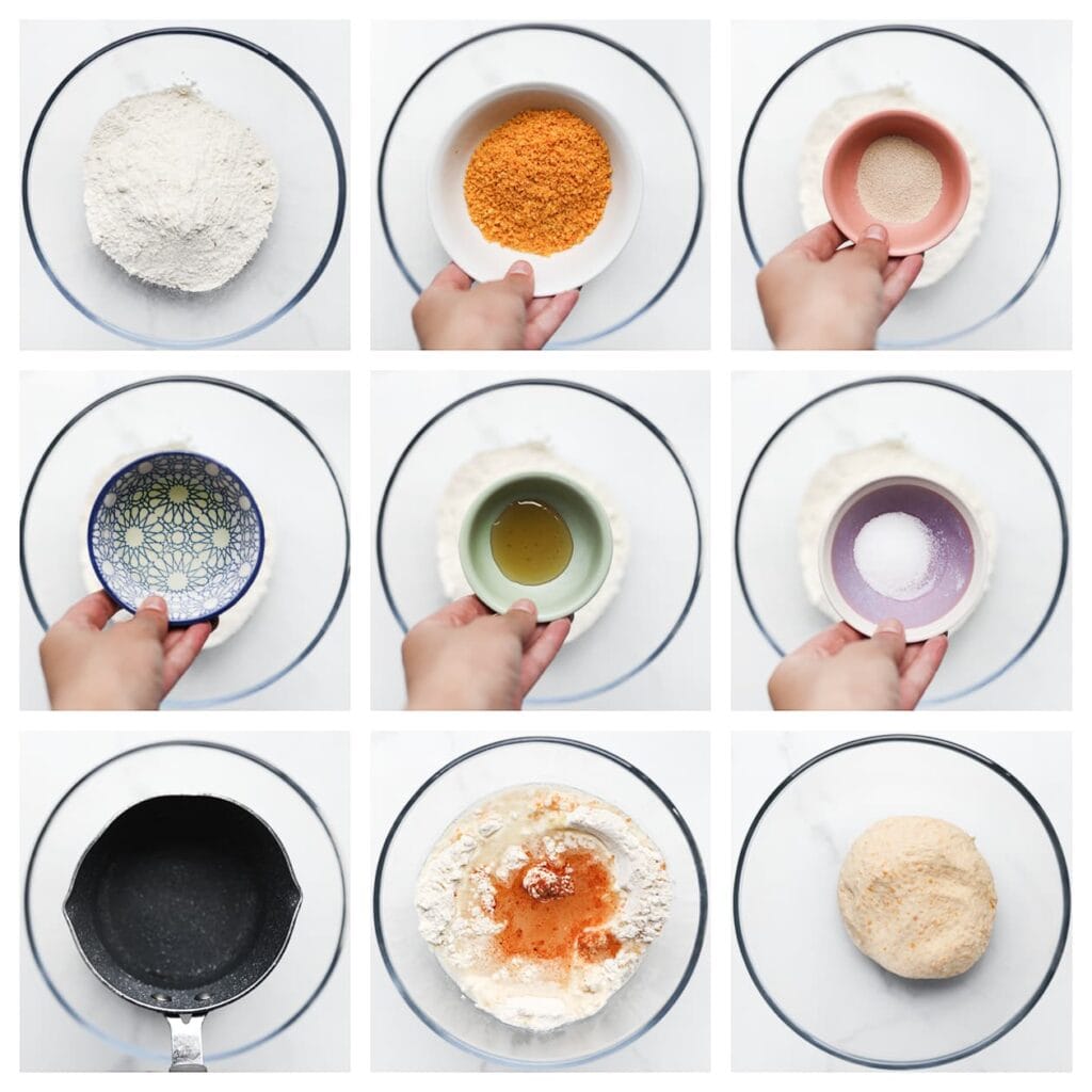 Doe de bloem, fijngemalen nacho chips, cayennepeper, gist, zonnebloemolie, honing, zout en het lauwwarme water in een diepe kom. Meng alles goed door elkaar en kneed het deeg 10-12 minuten tot het soepel is.