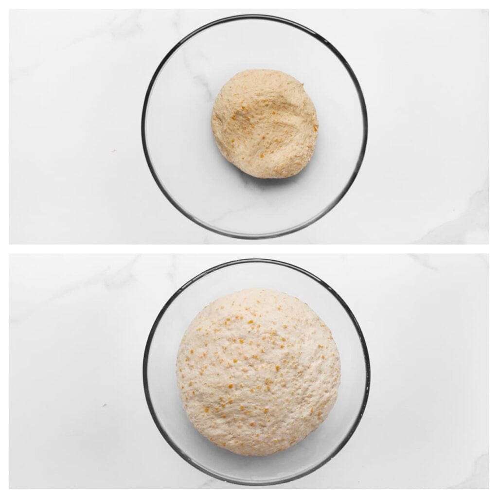 Dek de kom af en laat het deeg 1 uur rijzen op een warme plek, of tot het in omvang verdubbeld is.