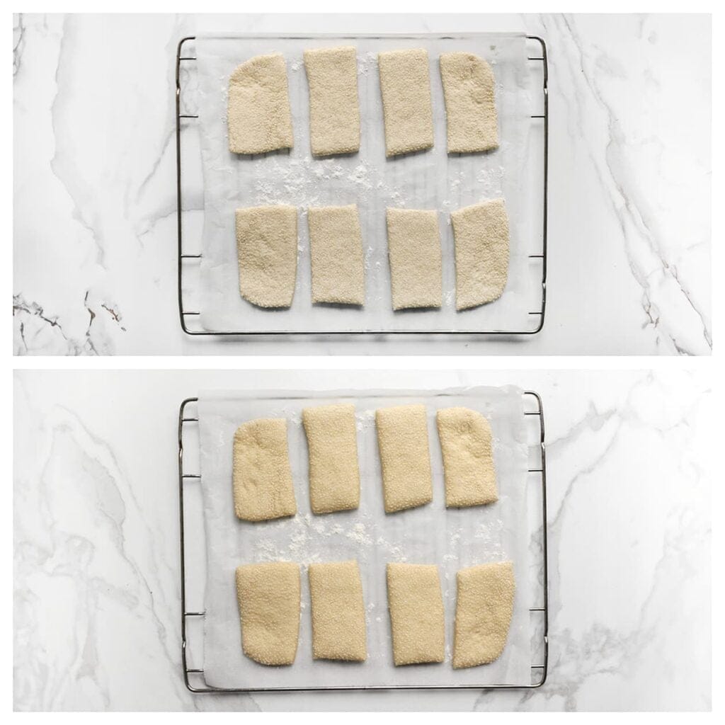 Leg de deegstukken op een met bakpapier beklede bakplaat of rooster. Laat ze nogmaals 30 minuten rijzen op een warme plek, of tot ze in omvang zijn verdubbeld.