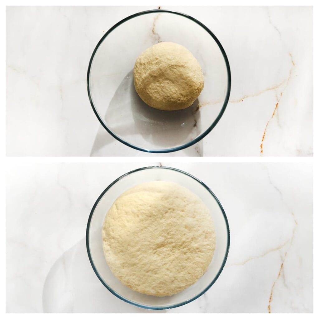 Dek het deeg af en laat het 1 uur rijzen op een warme plek, of totdat het in volume is verdubbeld.