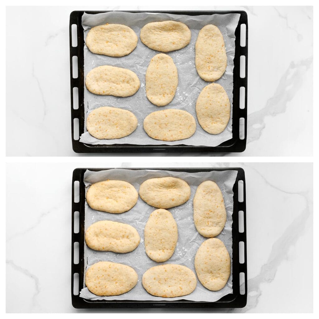 Leg de deegstukken op een bakplaat bekleed met bakpapier. Laat ze opnieuw 30 minuten rijzen, of tot ze in omvang zijn verdubbeld.