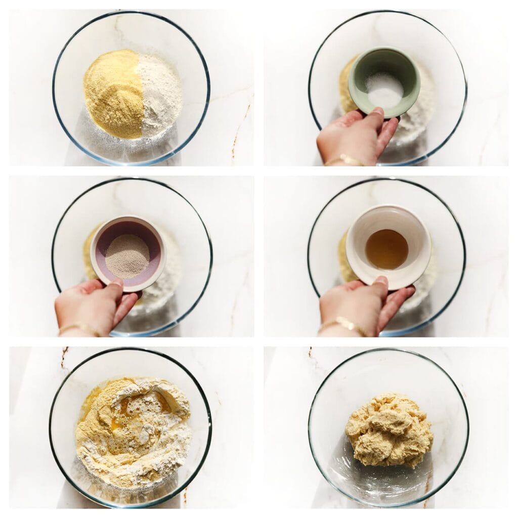 Meng het maïsmeel, de bloem, gist, zout, honing, zonnebloemolie en lauwwarm water in een diepe kom. Kneed het geheel 10-12 minuten tot een soepel deeg.