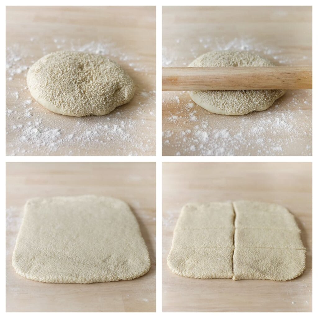 Bestuif je werkplek licht met bloem en rol het deeg uit tot een rechthoekige lap. Snijd het in 8 gelijke stukken.