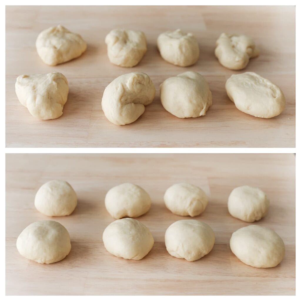 Verdeel het gerezen deeg in 8 gelijke stukken en vorm er ronde bolletjes van. Verdeel het gerezen deeg in 8 gelijke stukken en vorm er ronde bolletjes van. 