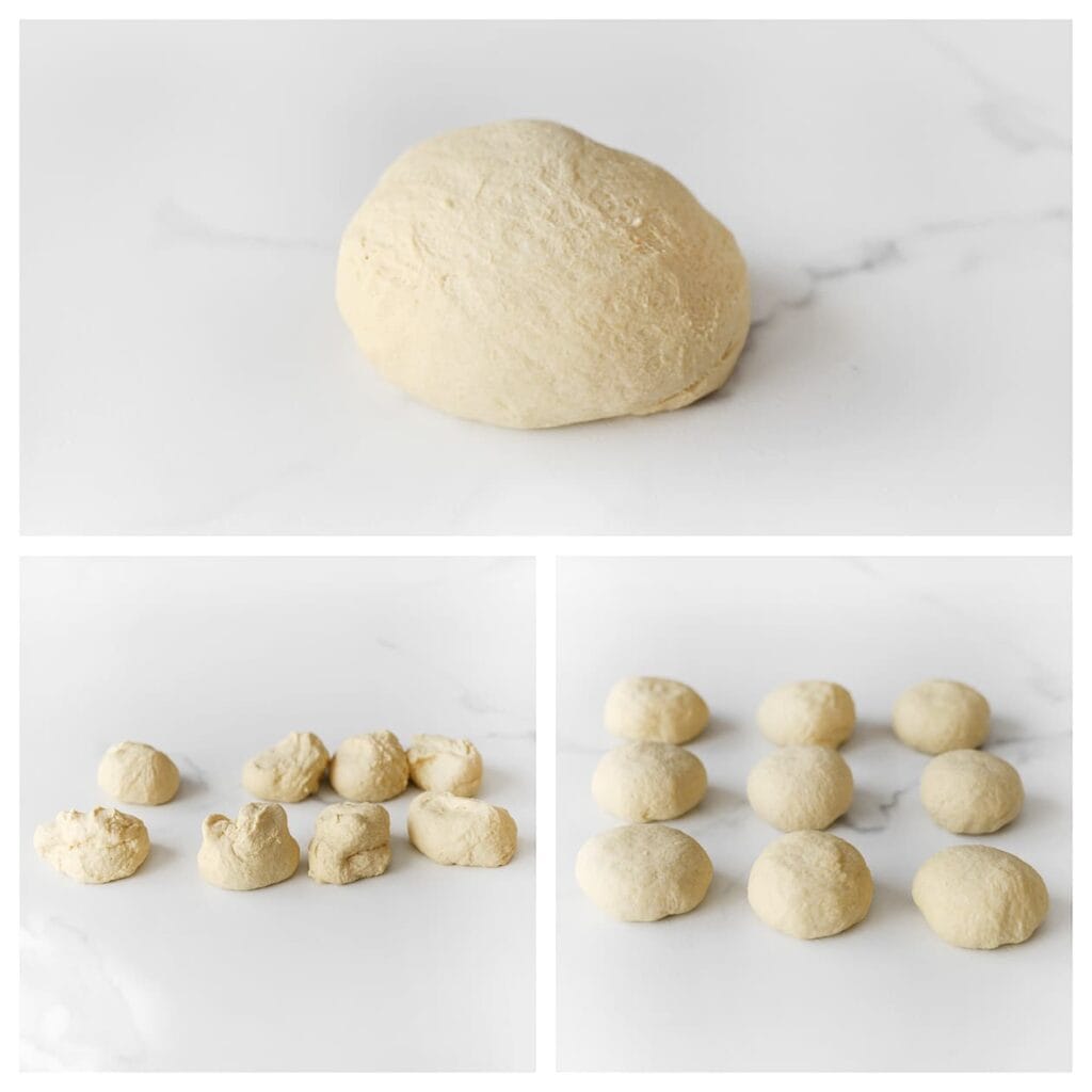 Verdeel het deeg in 9 gelijke stukken en rol ze tot bolletjes.