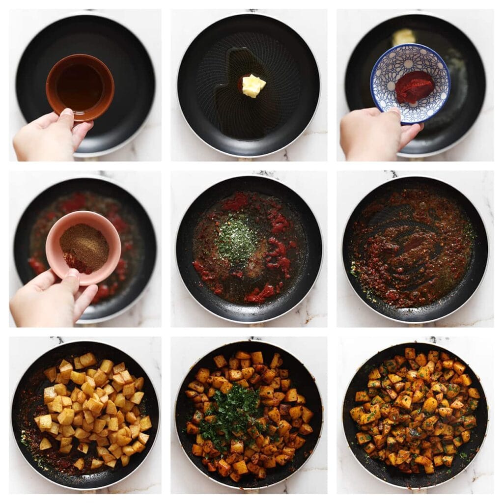 Verhit in een koekenpan de olijfolie samen met de roomboter op middelhoog vuur. Voeg de tomatenpuree, cayennepeper, komijnpoeder, knoflookpoeder, saladekruiden en zout toe. Roer tot een glad mengsel. Voeg de gebakken aardappelblokjes toe en bak ze kort mee. Meng als laatste de gehakte peterselie erdoor.