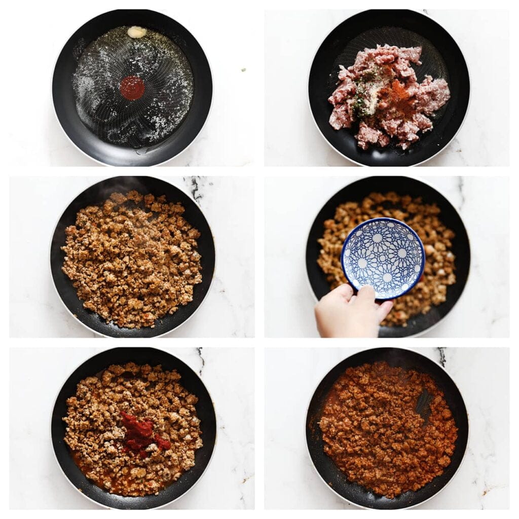 Verhit in een koekenpan de roomboter samen met de olijfolie op middelhoog vuur. Voeg het gehakt toe en breng op smaak met komijnpoeder, kaneelpoeder, paprikapoeder, cayennepeper, gedroogde peterselie en zout. Bak het gehakt in 7-8 minuten rul. Voeg het water en de tomatenpuree toe en laat het 4-5 minuten sudderen.