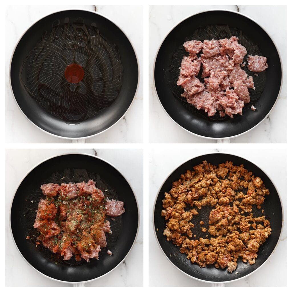 Verhit de olijfolie in een koekenpan op middelhoog vuur. Voeg het gehakt, paprikapoeder, komijn, ras el hanout, knoflookpoeder, cayennepeper, uienpoeder, peterselie en Italiaanse kruiden toe. Meng alles goed en bak het geheel 5-6 minuten.